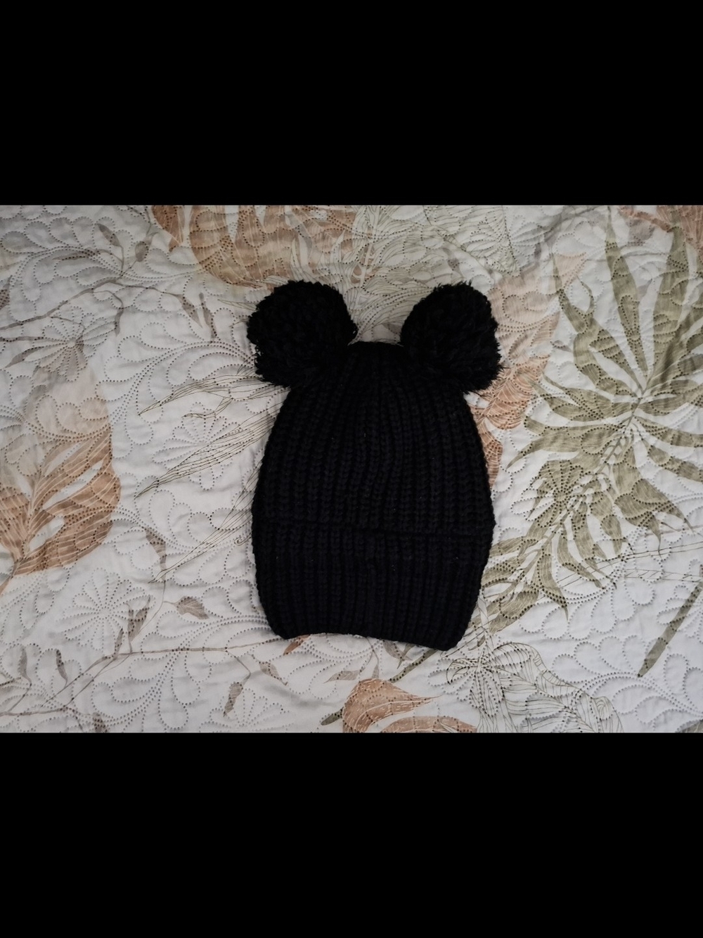 Women Black Knit Beanie with Cute Pom Pom Ears